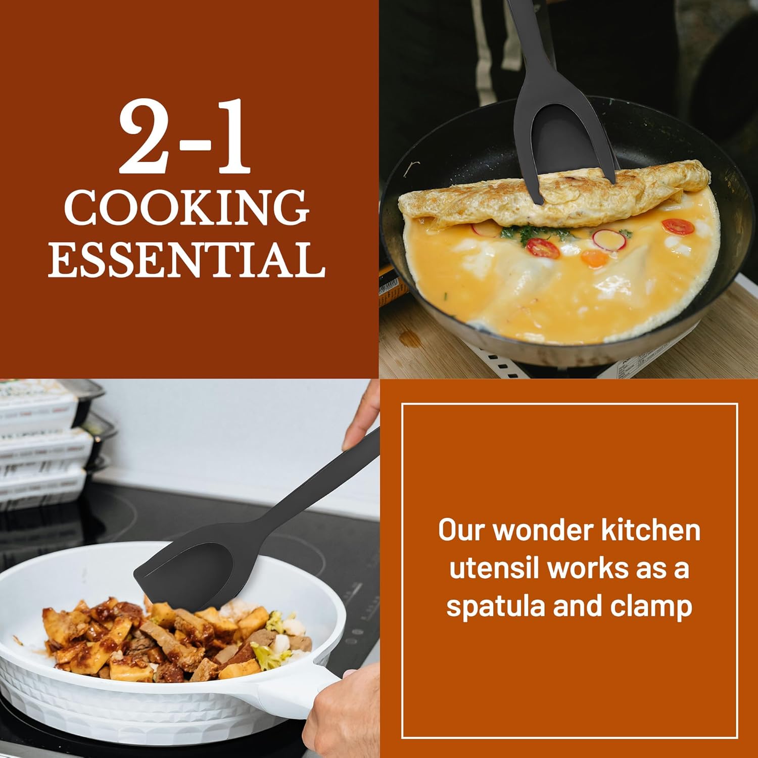 2 in 1 Flipper Spatula with tongs - Nylon Easy Grip Flip Spatula for Hash browns, Burgers, Steaks, French Toast, Omelets, Pancakes - Non-Stick Head, Ergonomic Handle, Withstands High Temperatures