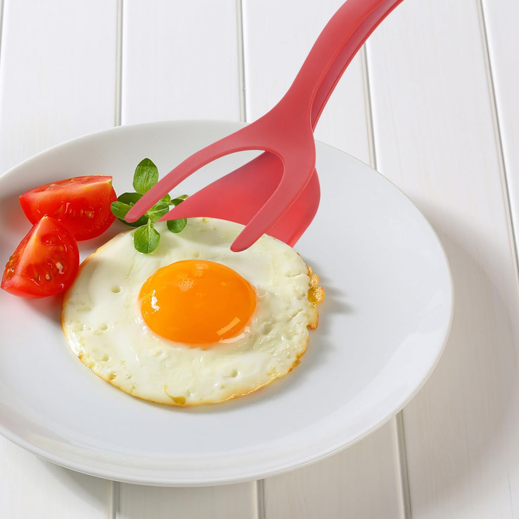 2 in 1 Flipper Spatula with tongs - Nylon Easy Grip Flip Spatula for Hash browns, Burgers, Steaks, French Toast, Omelets, Pancakes - Non-Stick Head, Ergonomic Handle, Withstands High Temperatures