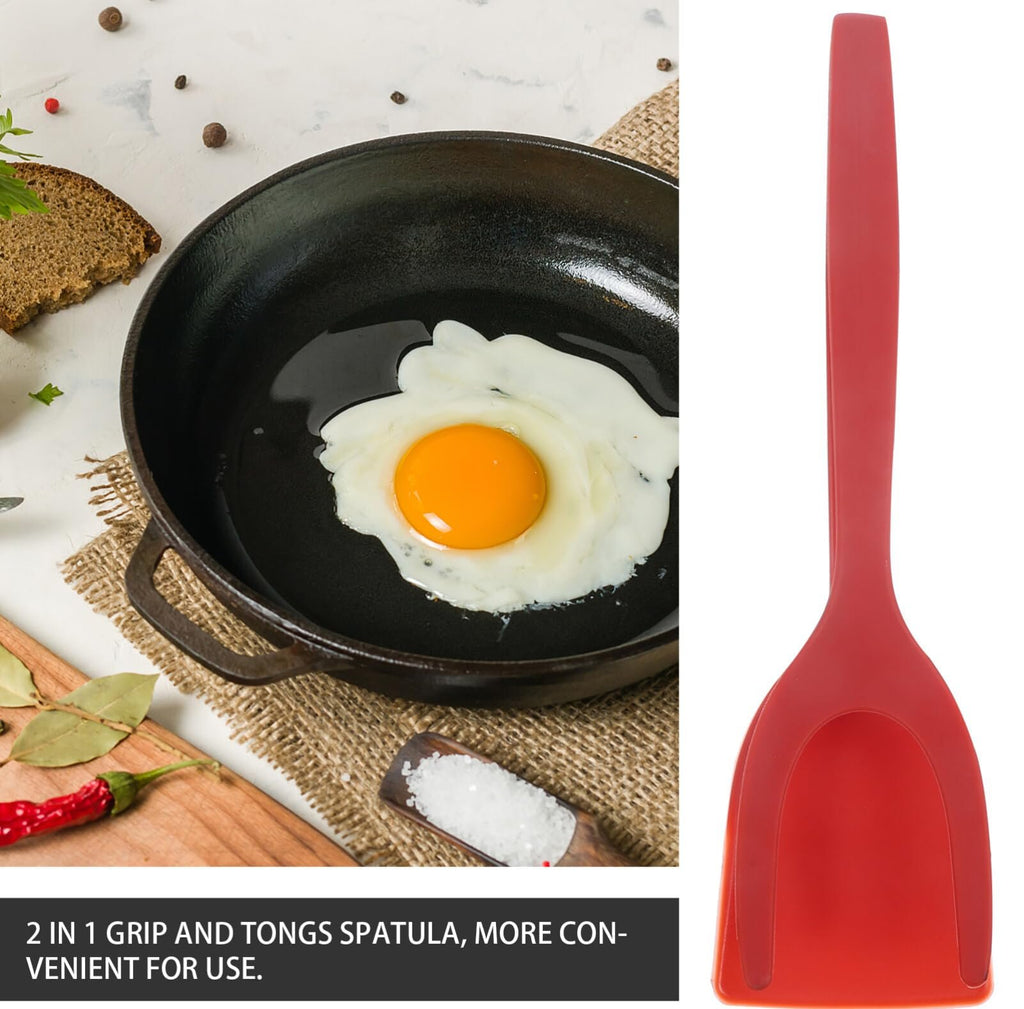 2 in 1 Flipper Spatula with tongs - Nylon Easy Grip Flip Spatula for Hash browns, Burgers, Steaks, French Toast, Omelets, Pancakes - Non-Stick Head, Ergonomic Handle, Withstands High Temperatures