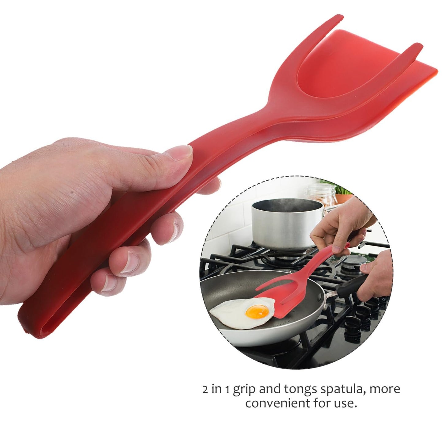 2 in 1 Flipper Spatula with tongs - Nylon Easy Grip Flip Spatula for Hash browns, Burgers, Steaks, French Toast, Omelets, Pancakes - Non-Stick Head, Ergonomic Handle, Withstands High Temperatures