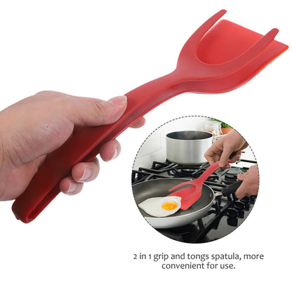 2 in 1 Flipper Spatula with tongs - Nylon Easy Grip Flip Spatula for Hash browns, Burgers, Steaks, French Toast, Omelets, Pancakes - Non-Stick Head, Ergonomic Handle, Withstands High Temperatures